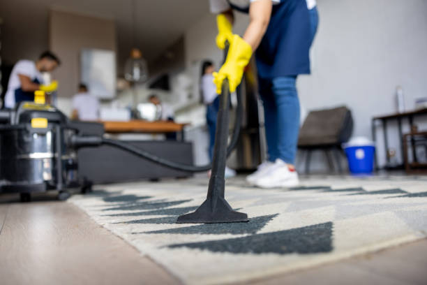 Professional team performing deep carpet cleaning in a modern living room, with a technician using a powerful extraction tool on a patterned rug. Equipped with protective gloves and high-efficiency equipment, the team exemplifies NSH Home Services' commitment to delivering comprehensive and meticulous carpet cleaning solutions.