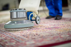 Professional carpet cleaning service in action, with a high-powered floor buffer being used on a detailed patterned rug. The machine is designed to remove deep-seated dirt and stains, showcasing NSH Home Services' commitment to thorough and effective carpet care for a refreshed, clean appearance