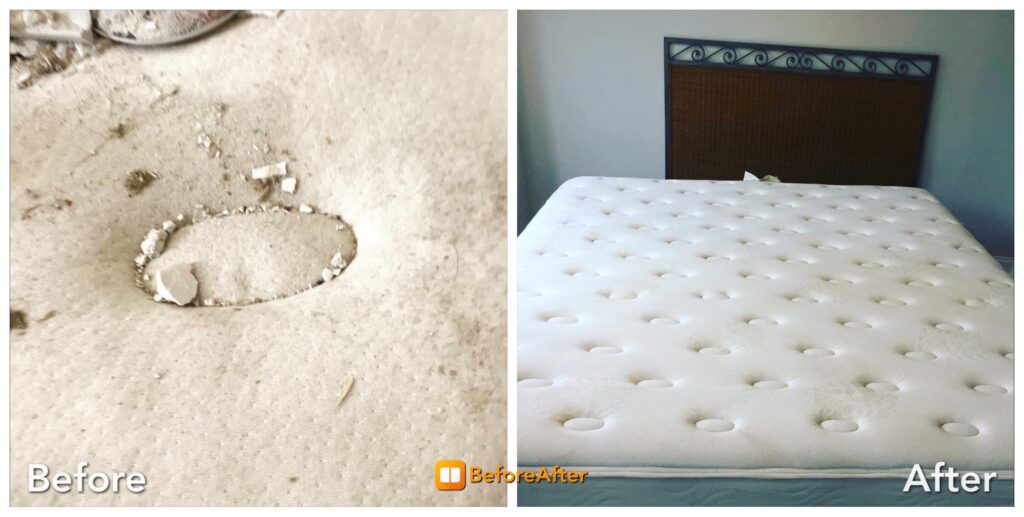 before and after a professional mattress cleaning process made by NSH HOME SERVICES professionals.