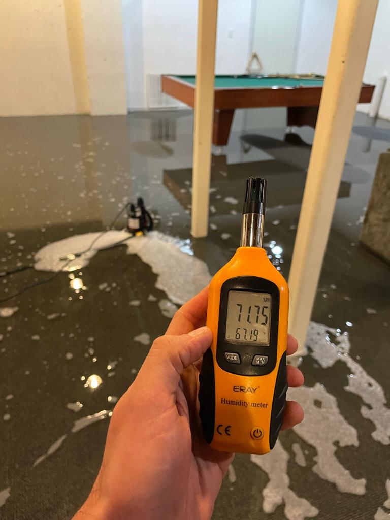 A technician assessing water damage using a moisture meter.