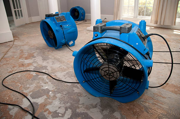 Industrial air movers in action drying a water-damaged floor, helping to prevent mold growth and restore the space. Blue equipment used in a professional water damage restoration setting.